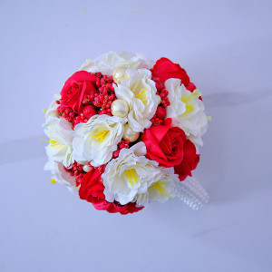 Buchet Mireasa, trandafiri, anemone, stamine si accesorii, alb - rosu