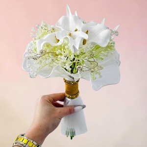 Buchet mireasa White Elegance cu cale albe si cristale decorative, 30x20 cm - Img 4