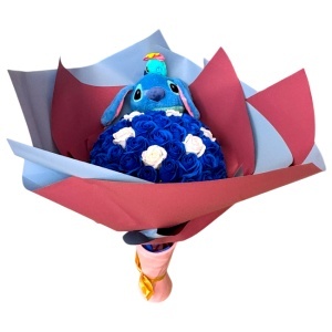 Buchet premium Stitch cu 51 trandafiri de sapun, Albastru-Alb