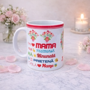 Cana cadou pentru Mama cu mesaj Te iubesc si inima florala