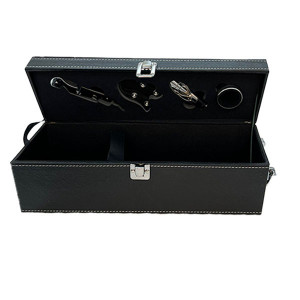 Caseta eleganta din piele naturala pentru o sticla, cu maner si set 4 accesorii pentru vin 