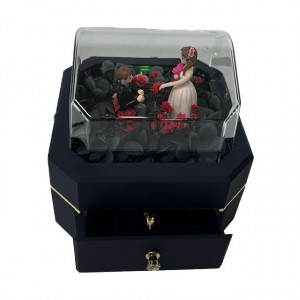 Caseta Memories, cu sertar, LED, flori criogenate si figurine, in tematica Merry Me!, albastru