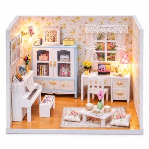 Casuta miniaturala DIY, camera muzicala cu mobilier, pian si iluminare LED - Img 4