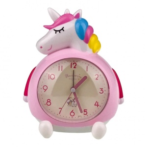 Ceas de masa decorativ cu unicorn, muzica si lumini, roz, 15x17 cm