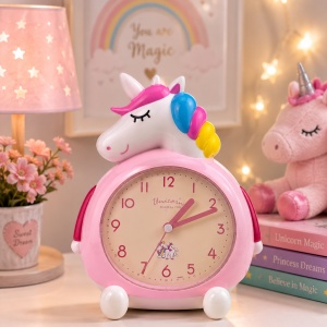 Ceas de masa decorativ cu unicorn, muzica si lumini, roz, 15x17 cm - Img 3