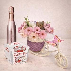 Cos cadou Elegant Pink Bicycle cu Bottega Gold si praline Raffaello