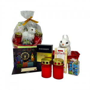 Cos Eastern, decoratiune iepuras alb, 2 candele, praline Raffaello 90gr, cafea Davidoff 250gr, 20 oua kinder , felicitare , in cos rosu