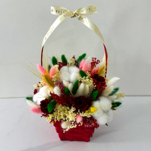 Cosulet aniversar Floral Collection, cu imortele naturale, trandafiri si broom criogenat, lagurus, spice de grau si flori naturale de bumbac, decorat cu funda crem, satinata 1