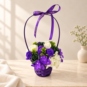 Cosulet cu flori de sapun Floral Collection, trandafiri si hortensii, 33 cm, Mov/Crem - Img 6