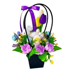 Cosulet Easter Flowers cu plante artizanale, nuferi, trandafiri de sapun, lalele si decoratiuni pascale cu iepuras, Mov, 33cm