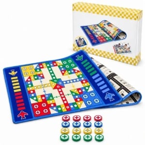 Covor de joaca reversibil 2 in 1, joc Ludo si traseu auto, 180 x 120 cm, 16 pioni, multicolor