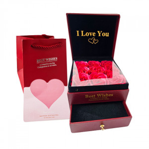 Cutie pentru accesorii "Love Wishes" cu sertar, 9 trandafiri de sapun, felicitare si punga de cadou, Maro 3
