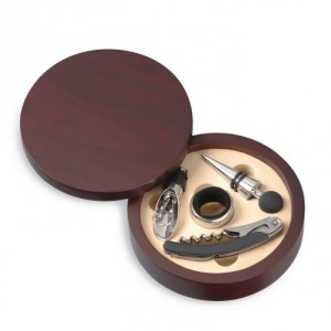 Cutie rotunda eleganta cu 4 accesorii pentru desfacerea sticlei cu vin, din lemn maro - Img 2
