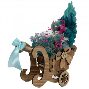 Decoratiune 4 Seasons, cu licheni stabilizati, flori criogenate si uscate, in saniuta de lemn, iarna, 16x30cm