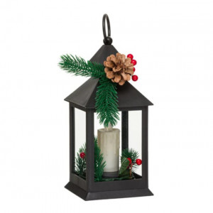 Decoratiune Craciun in forma de felinar cu lumanare LED si crengi de brad, 26 x 11 x 11 cm