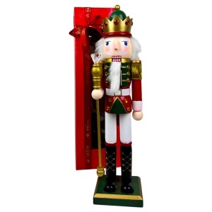 Decoratiune de Craciun, Spargator de Nuci Rege din lemn, cu toiag regal, 40 cm, in cutie cadou, Verde-Rosu