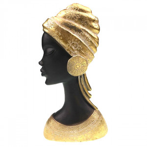 Decoratiune din rasina Moyoko Africa, bust feminin cu esarfa si cercei supradimensionati, 24x12cm, Auriu