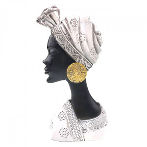 Decoratiune din rasina Moyoko Africa, bust feminin cu turban si cercei supradimensionati, 28x14cm, Argintiu