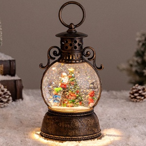 Decoratiune de Craciun, tip lampa, in forma de glob de zapada, cu Bradul impodobit de Craciun, Maro Vintage