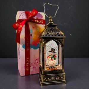 Decoratiune muzicala si luminoasa, Felinar Vintage, cu Om de zapada, lumini calde si zapada in miscare, 20x8 cm - Img 4