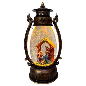 Decoratiune muzicala si luminoasa, Felinar Vintage cu scena Nasterii, lumini calde si zapada in miscare, USB inclus, 25x11 cm
