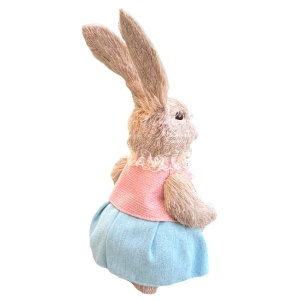 Decoratiune pentru Paste, iepuras cu rochie roz/albastra si cununa de flori, 35cm