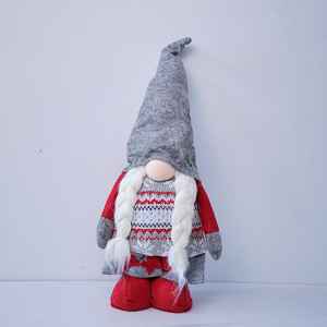 Decoratiune tematica, Elf , cu caciulia si doua codite, 30 cm, Rosu/Gri