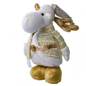 Decoratiune tematica, Ren, cu caciula si fular cu paiete, 30 cm, Alb/Auriu