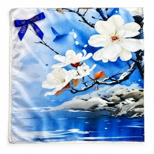 Esarfa premium dama cu motive din natura si flori albe, 70 x 70 cm, Albastru - Img 2