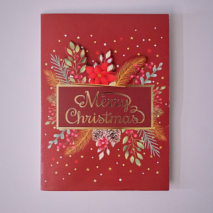 Felicitare Muzicală de Crăciun 'Stele Aurii', rosu inchis, cu plic inclus - 20 x 15 cm