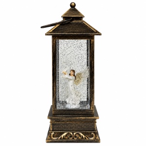 Felinar decorativ de Craciun cu LED si muzica, Inger cu porumbel, 27x10 cm, Bronz antichizat - Img 3