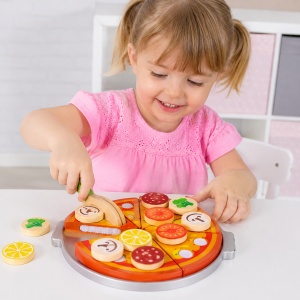 Joc de feliat Pizza din lemn, cu toppinguri detasabile, tava si cutit, 3+ ani - Img 2