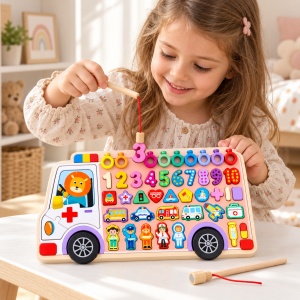 Joc educativ din lemn 6 in 1, puzzle ambulanta cu cifre, forme si pescuit magnetic - Img 2