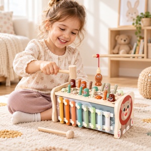 Joc multifunctional din lemn 5 in 1, cu ciocanele, pescuit magnetic si xilofon, model leu, 3+ ani - Img 2