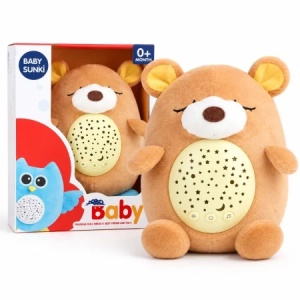 Jucarie de plus interactiva Ursulet Baby Sunki, cu proiector de stele si lumina de veghe, maro, 0 luni+