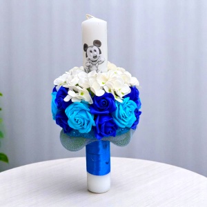 Lumanare de botez cu Mickey Mouse, hortensii si trandafiri din sapun, baiat, Albastru - Img 5
