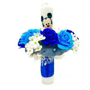 Lumanare de botez cu Mickey Mouse si flori de sapun, baiat