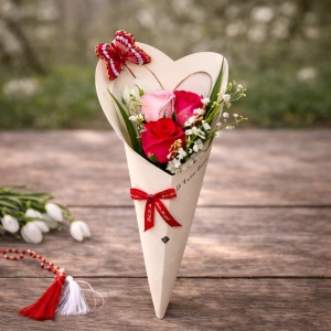 Martisor vestirea primaverii cu 3 trandafiri din sapun si margaritari, fucsia-roz pal
