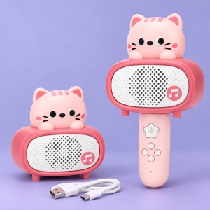 Microfon karaoke Bluetooth pentru copii cu boxa detasabila, efecte sonore si cablu USB, model Pisicuta, Roz, 3 ani+ - Img 4