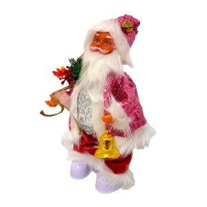Mos Craciun animat cu clopotel si sac de cadouri, luminite colorate, imbracat festiv cu haina paiete, 29 cm, Roz