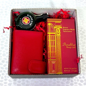 Pachet Amigos, parfum arabesc Apa de parfum Barakkat 50ml, Lichior Zwack Unicum 0.04L, portcard piele naturala, Rosu
