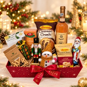 Pachet cadou Christmas Moment, cu vin roze, cozonac, ceai, covrigi, ciocolata, Spargator de nuci si om de zapada cu led - Img 3