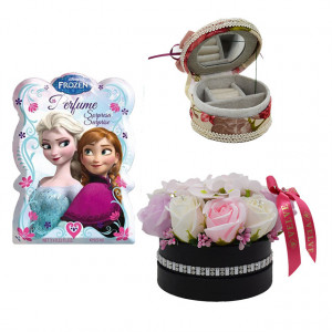 Pachet Childes, aranjament floral in cutie neagra cu strasuri, trandafir si hortensii, cutiuta pentru bijuterii, Set Disney Frozen, Eau de Toilette 9,5 ml, Tatoo si Semn de carte