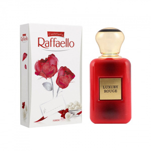 Pachet dama VLV, Aranjament floral cu trandafiri de sapun, in cutie roz de catifea, parfum Riiffs Luxury Rouge si praline Raffaello, Rosu