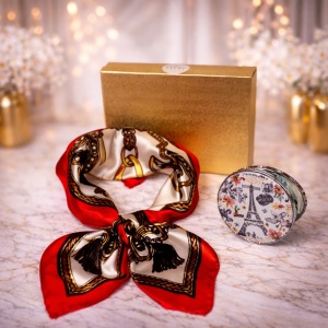 Pachet Elegance pentru femei, cu esarfa eleganta si oglinda, in cutie cadou, Rosu multicolor