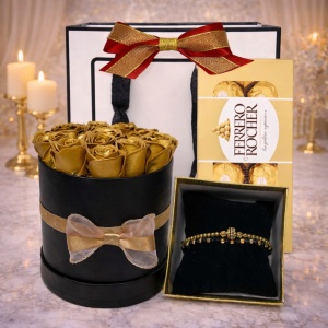 Pachet goldishold pentru femei, aranjament floral, bratara si 8 praline Ferrero