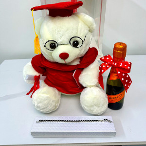 Pachet Graduate, Ursulet de plus cu toca, bratara Tennis cu cristale din zirconiu si o sticla de Prosecco Mionetto 200ml in cutie cadou1