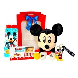 Pachet Mickey Mouse, cu jucarie de plus 30 cm, breloc, Kinder Chocolate si gel de dus, in punga cadou