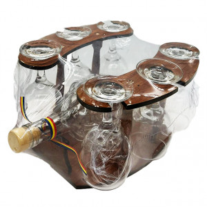 Pachet Minibar, Bran Caisata 30%vol. 0.7L, suport din lemn in forma de potcoava pentru bautura traditionala cu 6 pahare