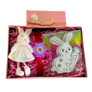 Pachet Ninos pentru copii, iepuras decorativ, ceas de mana, set de colorat cu planse, in cutie eleganta, Roz